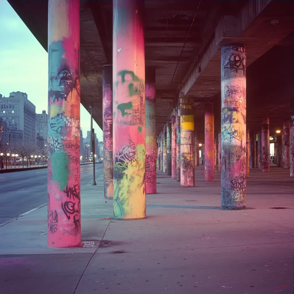 City sidewalk with towering graffiti-painted pillars transitioning from dawn to midnight hues - Image 3