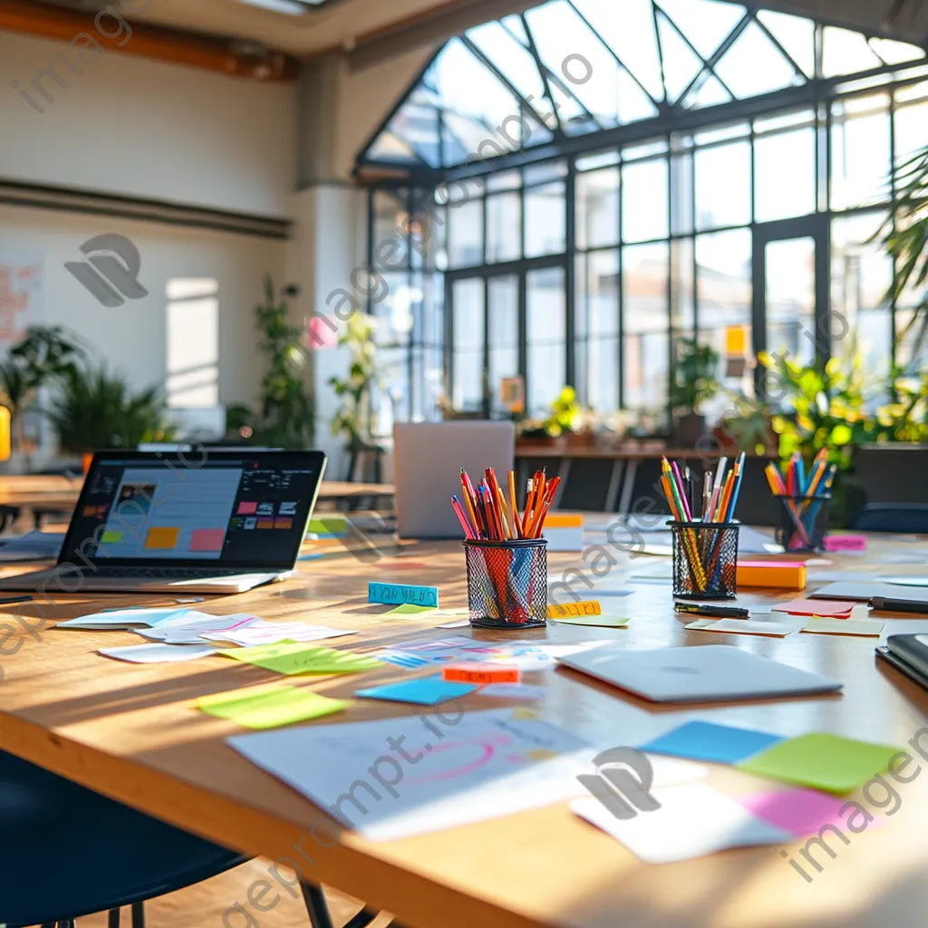 Overhead view of a colorful brainstorming table with markers and notes - Image 1