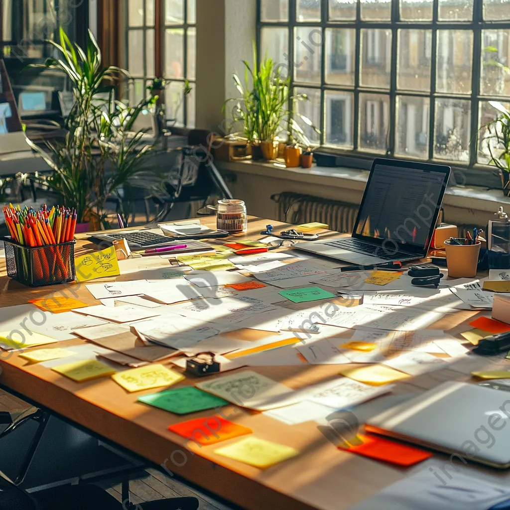 Overhead view of a colorful brainstorming table with markers and notes - Image 4