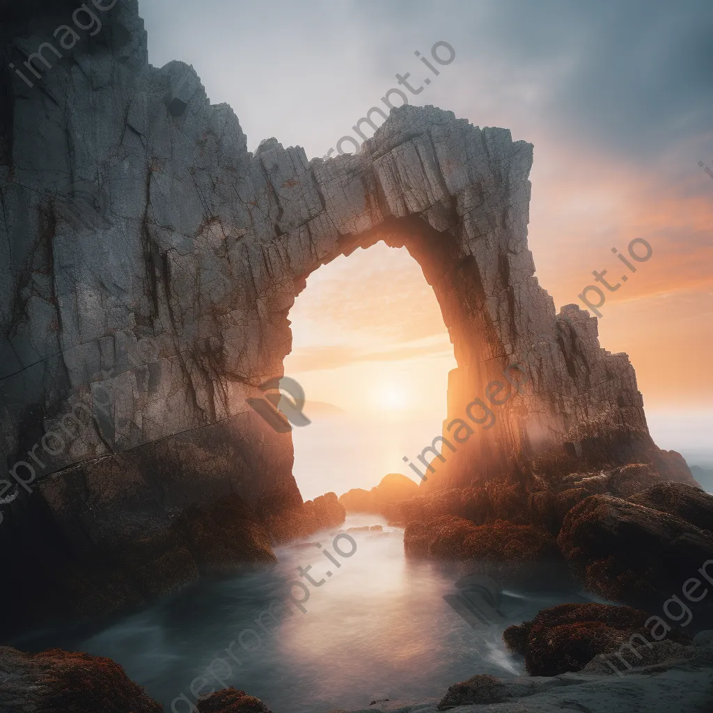 Rock arch during sunrise with fog - Image 2