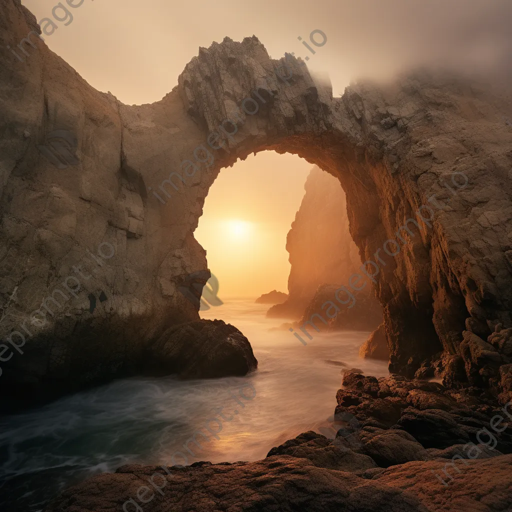 Rock arch during sunrise with fog - Image 3