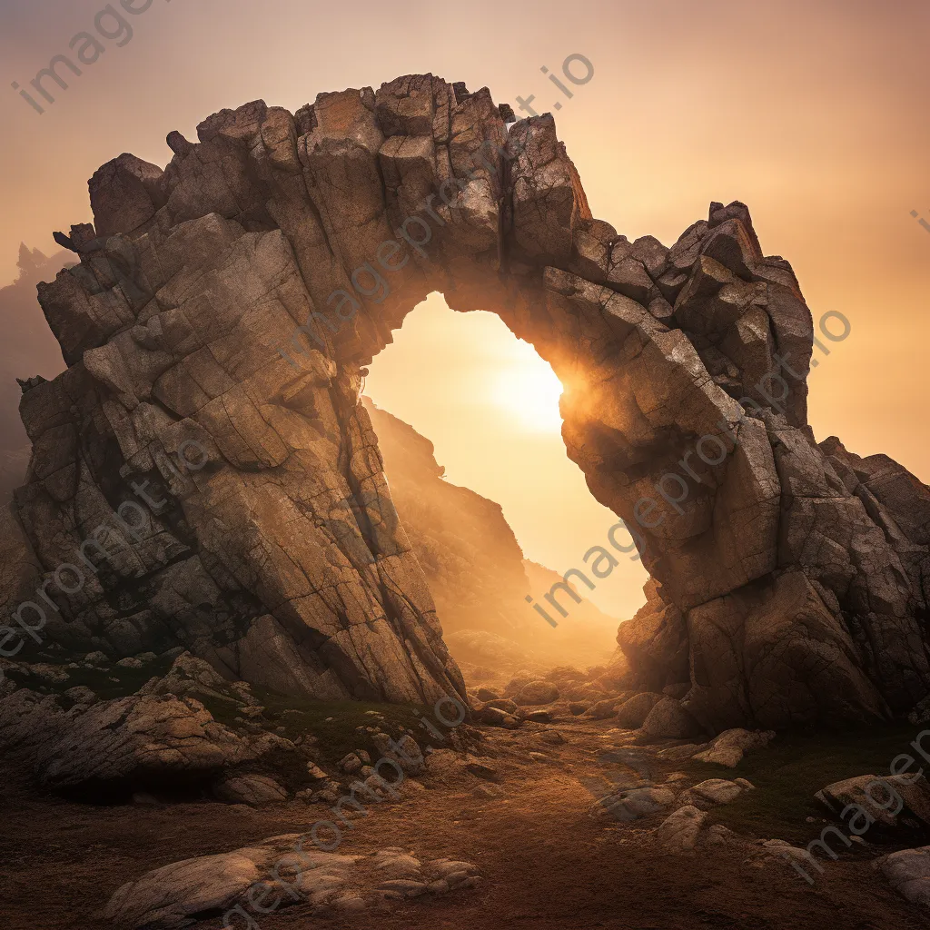 Rock arch during sunrise with fog - Image 4