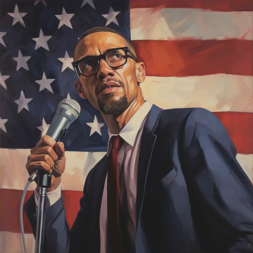 Malcolm X delivering passionate speech with American flag - Image 4