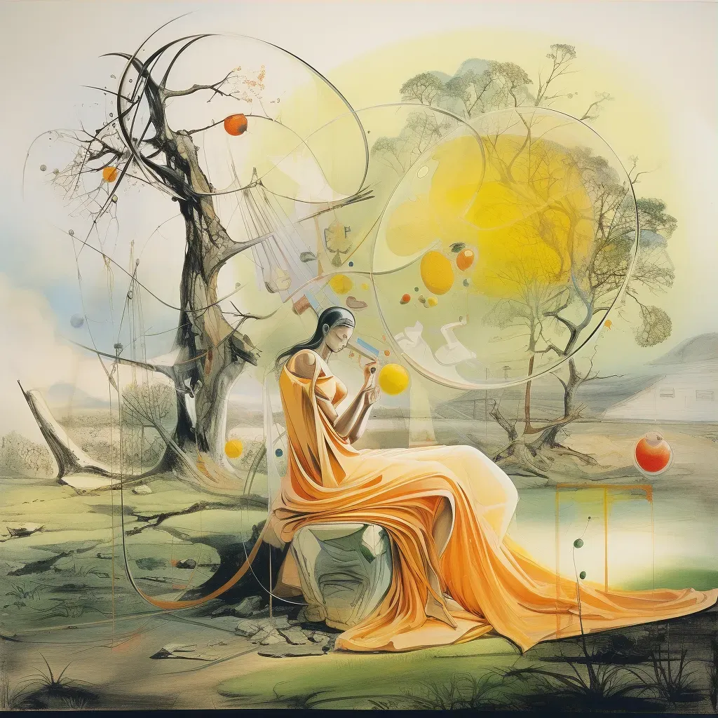 Pregnant woman sitting under a tree in a sun-dappled orchard - Image 3