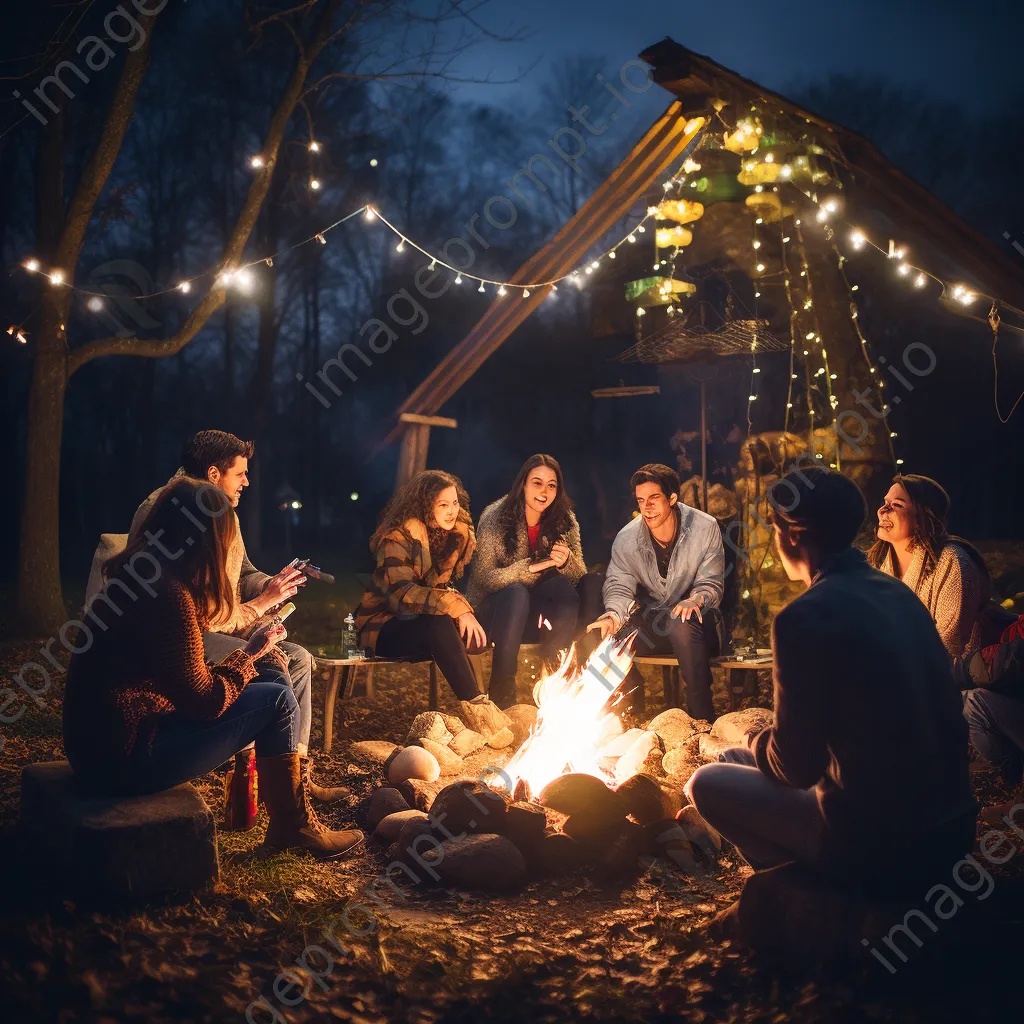 Friends around a bonfire during an Easter gathering at night - Image 1