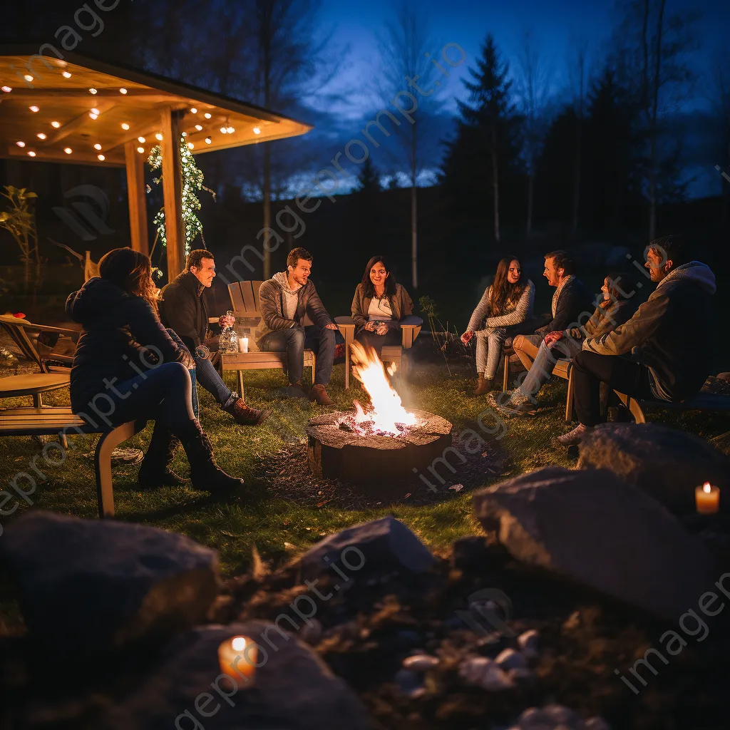 Friends around a bonfire during an Easter gathering at night - Image 3