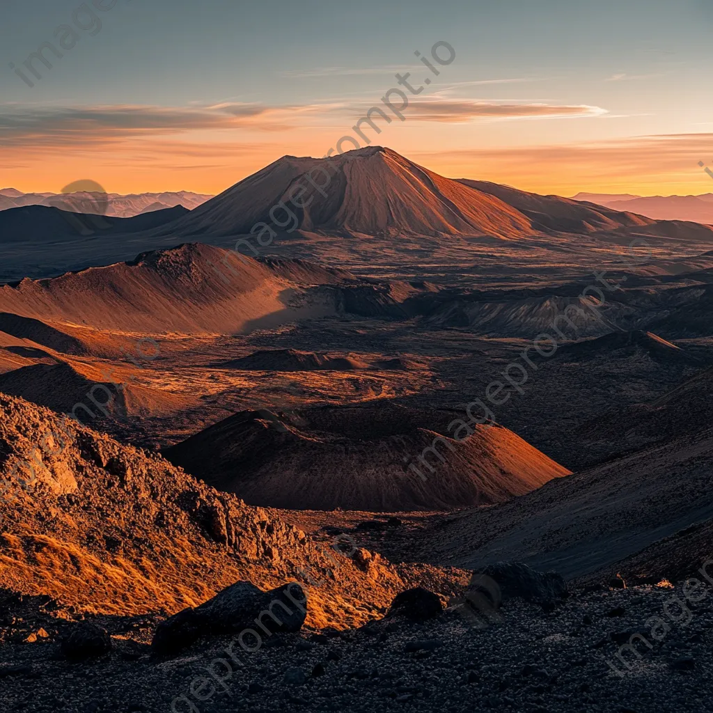 Remote volcano landscape during sunset with vibrant orange sky and shadows - Image 1