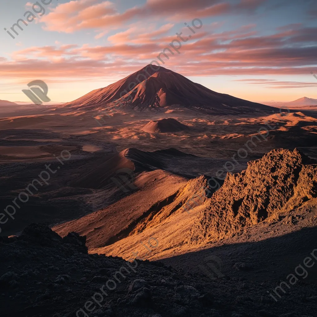 Remote volcano landscape during sunset with vibrant orange sky and shadows - Image 3