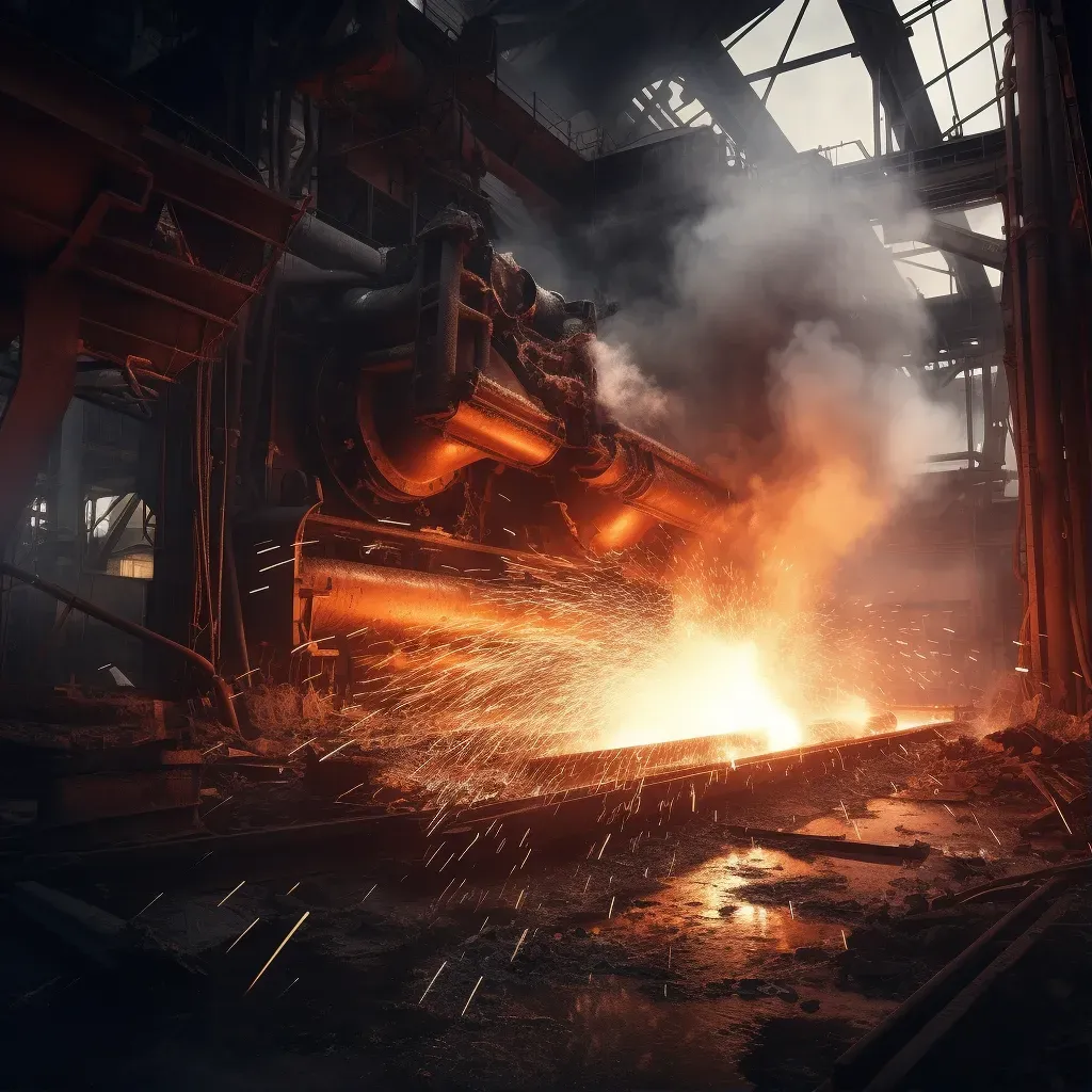 Illustration of a steel mill with molten metal flowing and sparks flying in an industrial setting - Image 1