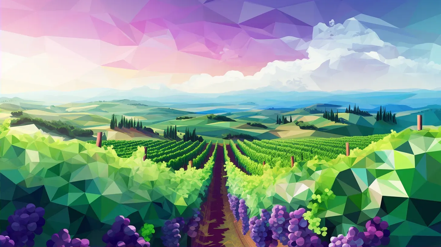 Rustic low poly vineyard scene in green and purple tones with polygonal grapes and vines - Image 2