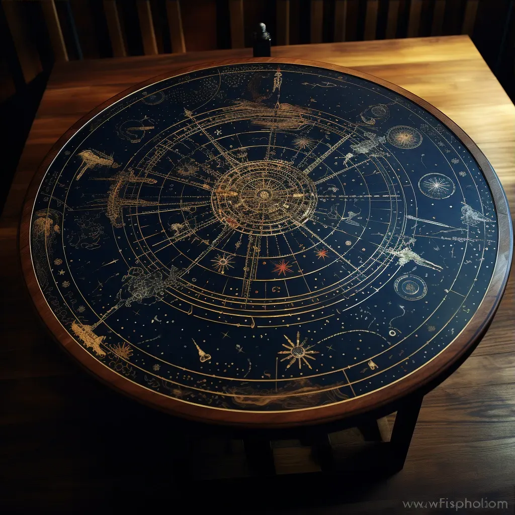 Intricate celestial map on an antique wooden table - Image 3