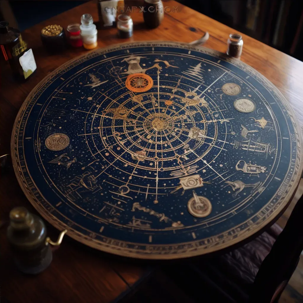 Intricate celestial map on an antique wooden table - Image 4