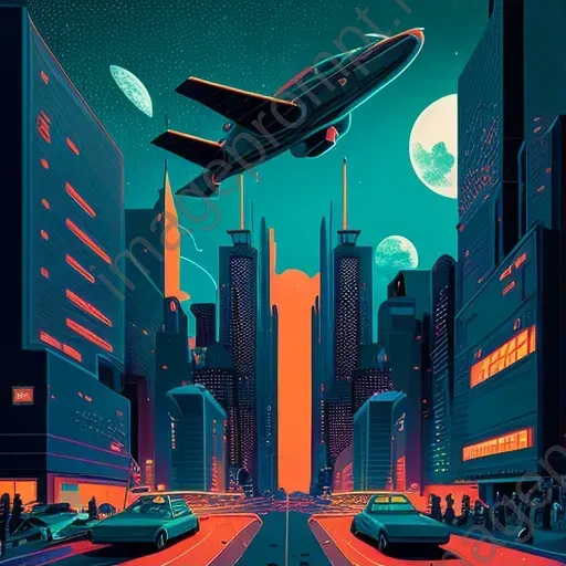 Image of a cityscape with flying cars, skyscrapers, and neon billboards under a starry night sky - Image 1