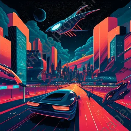 Image of a cityscape with flying cars, skyscrapers, and neon billboards under a starry night sky - Image 2
