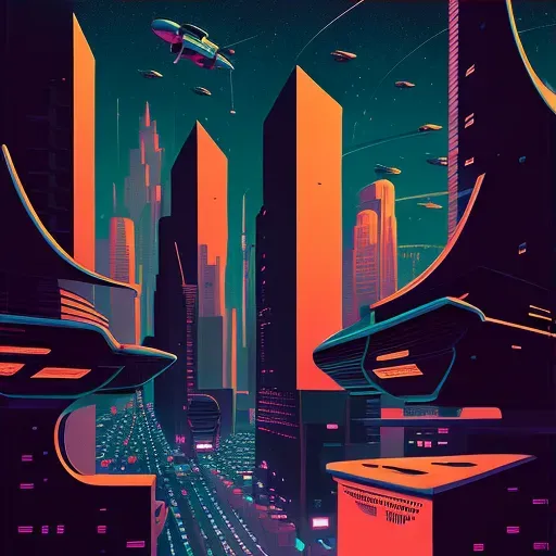 Sprawling Cityscape with Flying Cars and Neon Billboards under Starry Night Sky