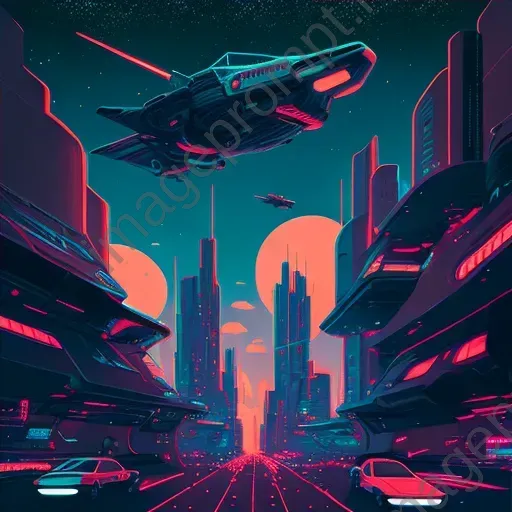 Image of a cityscape with flying cars, skyscrapers, and neon billboards under a starry night sky - Image 4