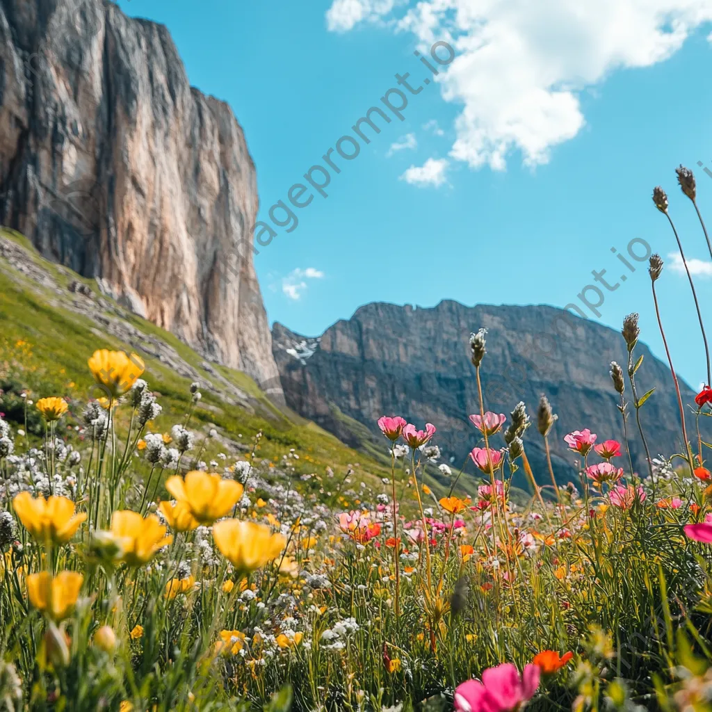 Mountain cliffs adorned with colorful wildflowers under a blue sky. - Image 1