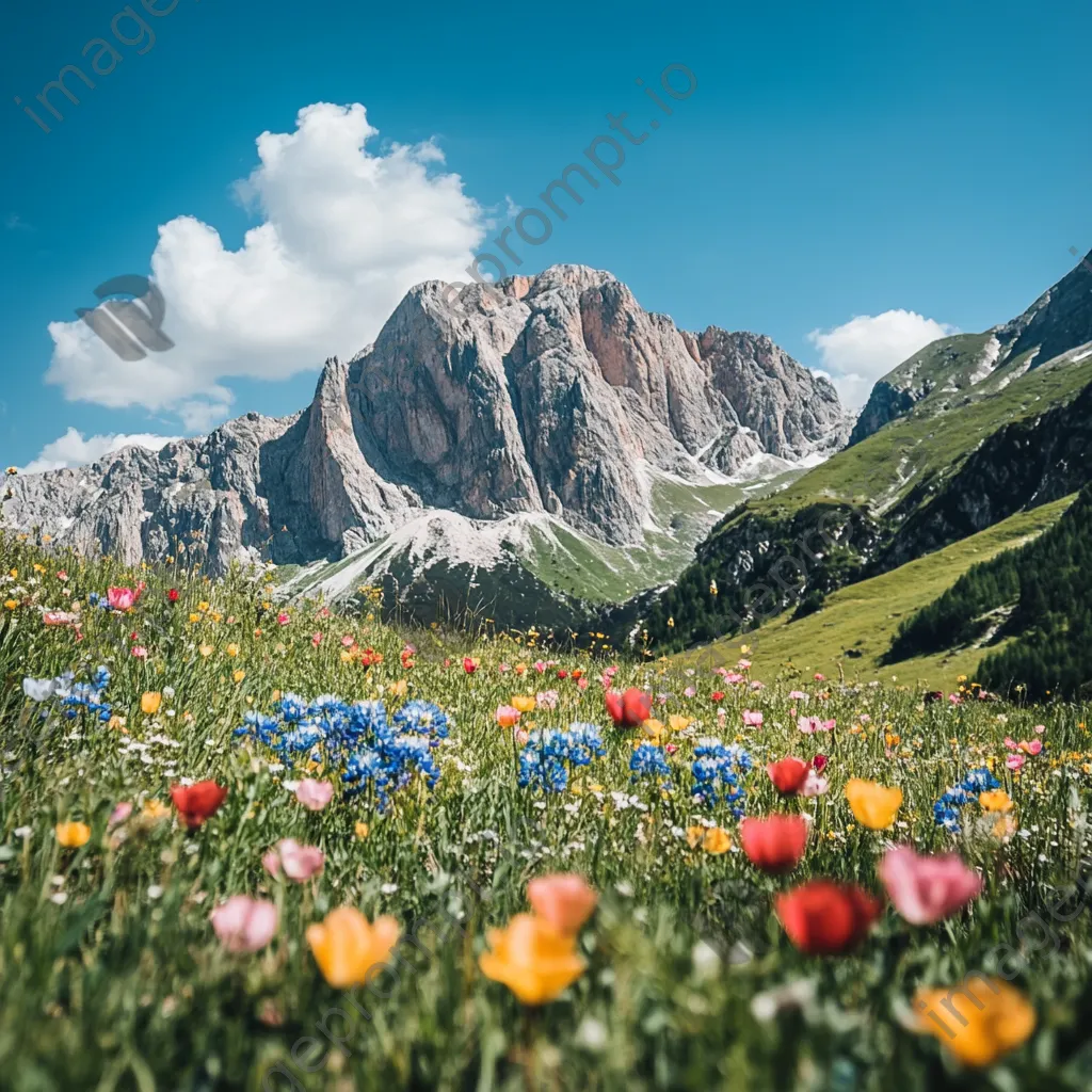 Mountain cliffs adorned with colorful wildflowers under a blue sky. - Image 2