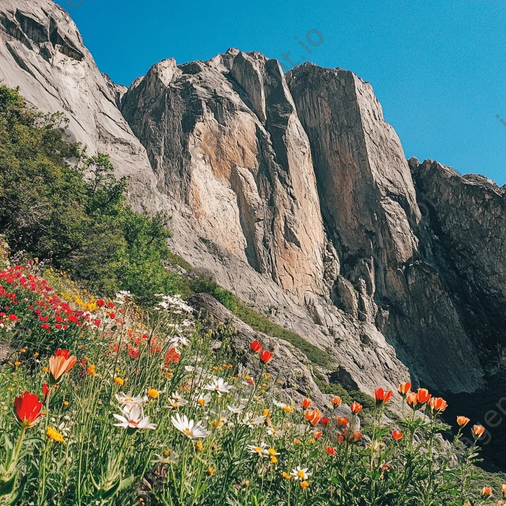 Mountain cliffs adorned with colorful wildflowers under a blue sky. - Image 3