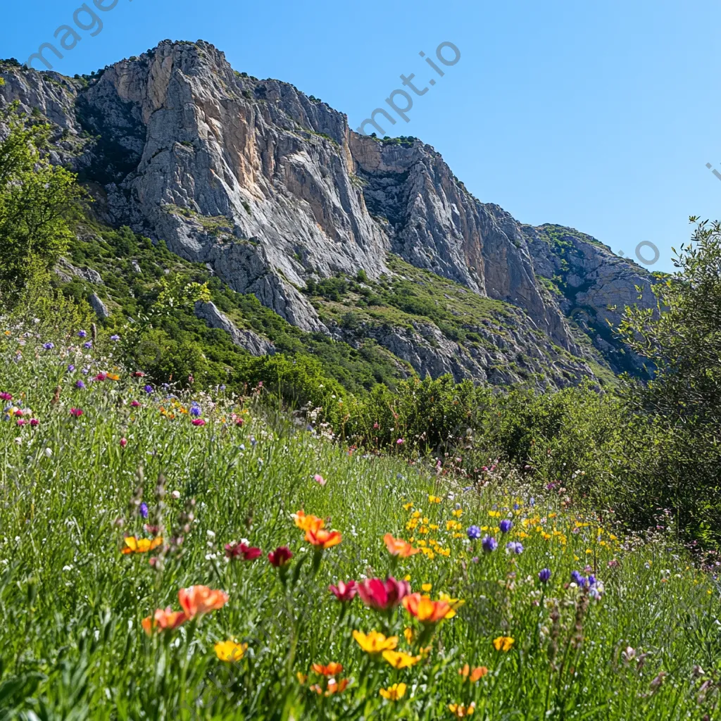 Mountain cliffs adorned with colorful wildflowers under a blue sky. - Image 4