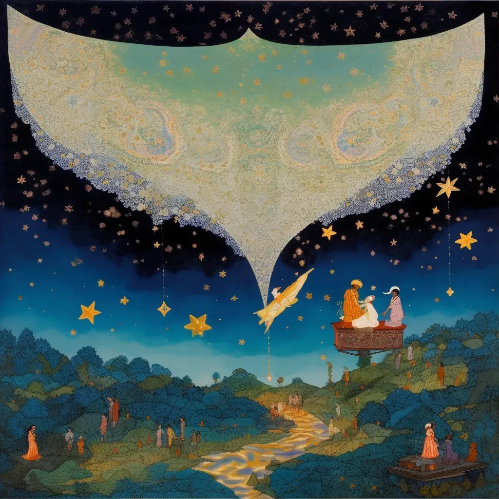 Image of a moonlit rendezvous on a flying carpet over dream landscapes - Image 1