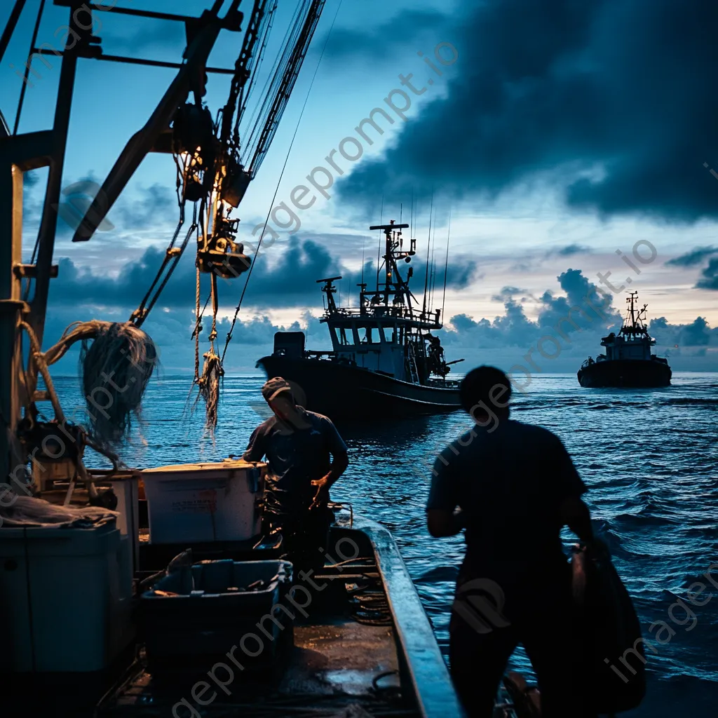 Fishermen checking equipment aboard a boat at dawn in a harbor. - Image 1