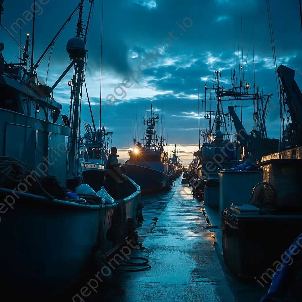 Fishermen checking equipment aboard a boat at dawn in a harbor. - Image 2