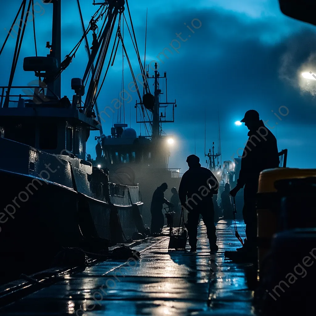 Fishermen checking equipment aboard a boat at dawn in a harbor. - Image 3