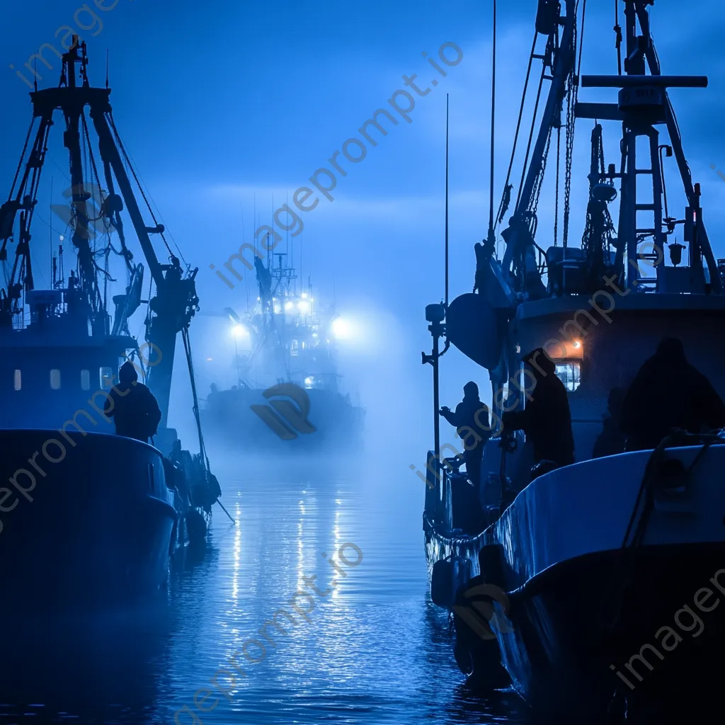 Fishermen checking equipment aboard a boat at dawn in a harbor. - Image 4