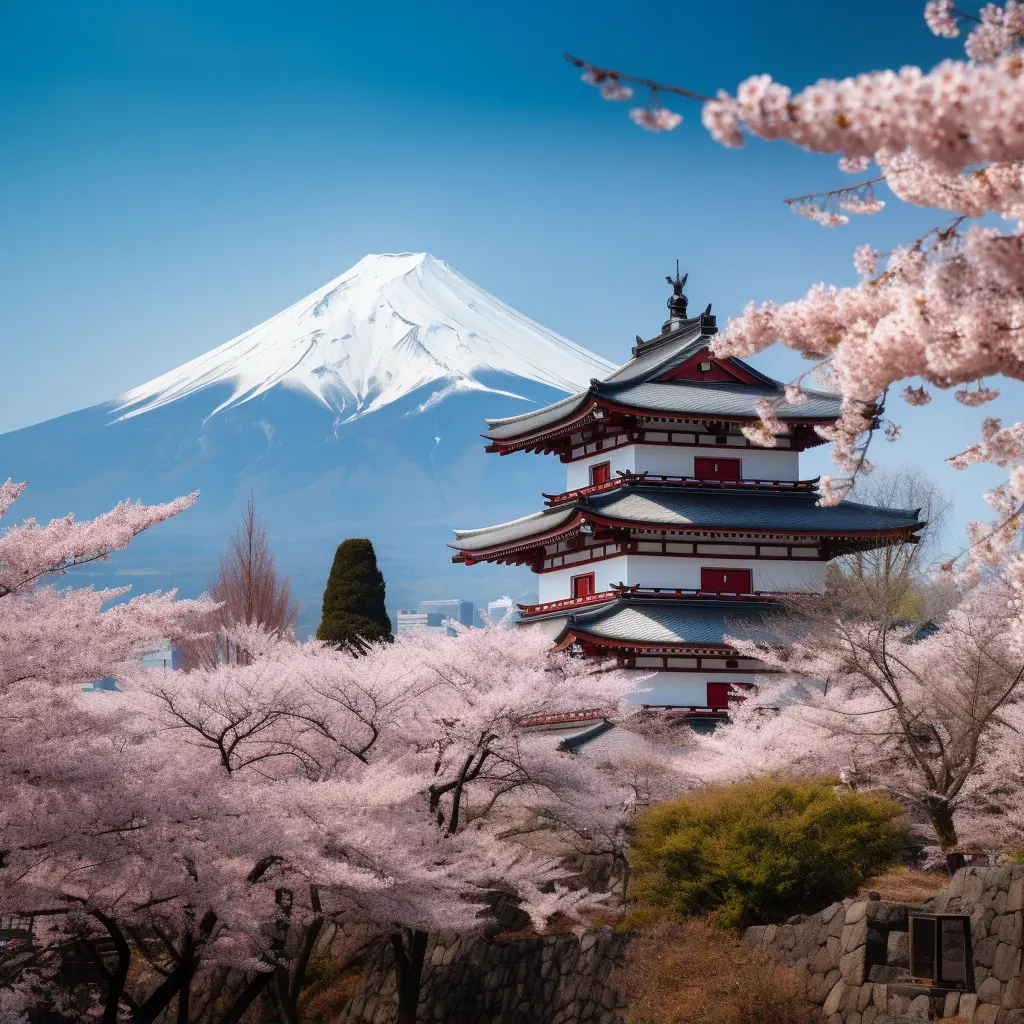 Samurai castle surrounded by cherry blossoms with Mount Fuji in the background - Image 1