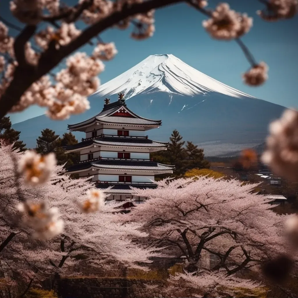 Samurai castle surrounded by cherry blossoms with Mount Fuji in the background - Image 2