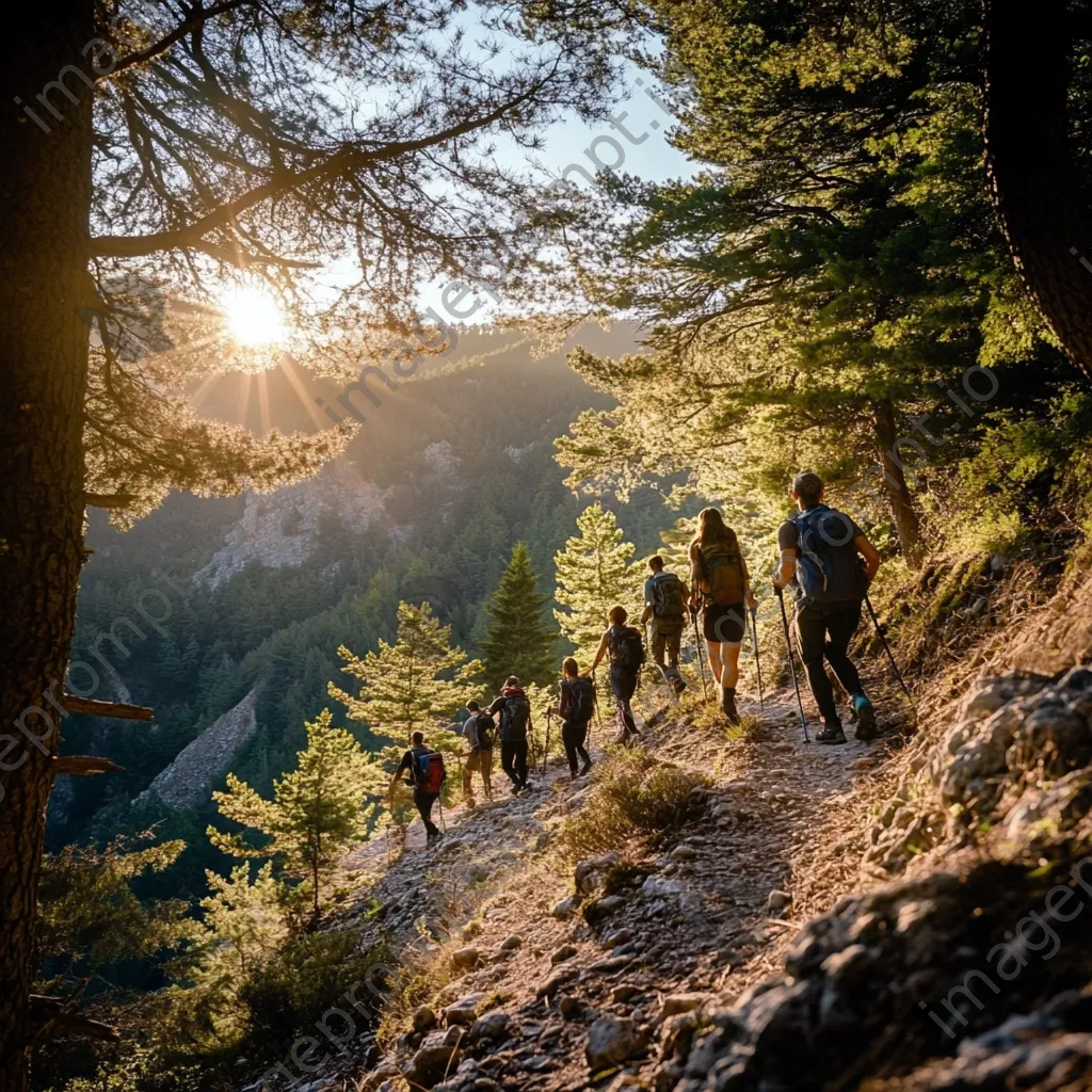 A diverse group of hikers on a steep mountain trail enjoying nature together. - Image 2