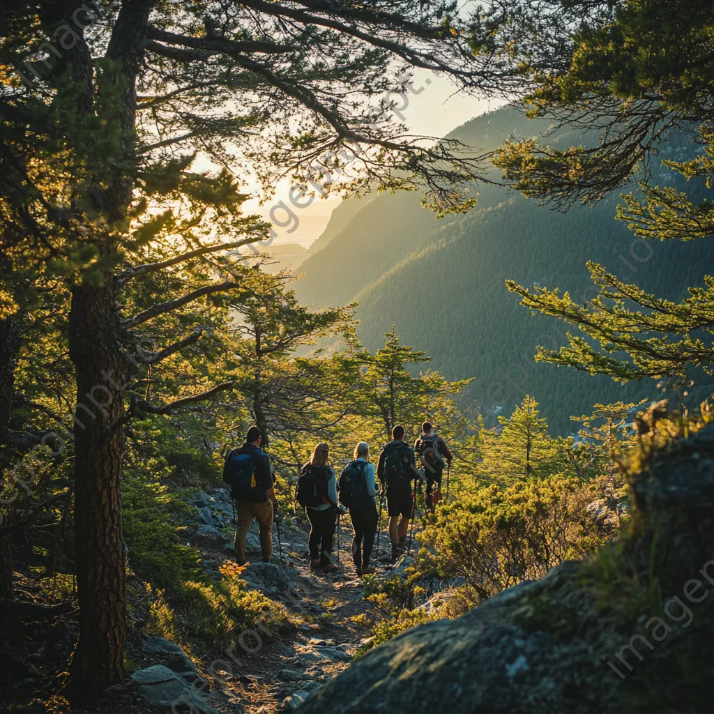 A diverse group of hikers on a steep mountain trail enjoying nature together. - Image 3