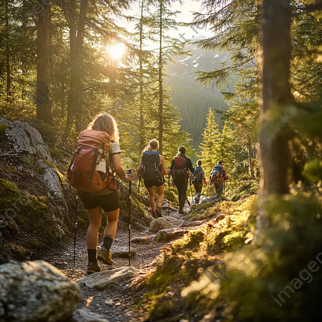 A diverse group of hikers on a steep mountain trail enjoying nature together. - Image 4