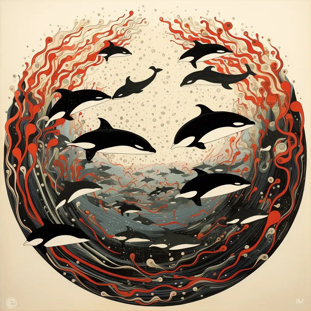 Pod of orcas hunting in unison with whirlpool to disorient prey - Image 1