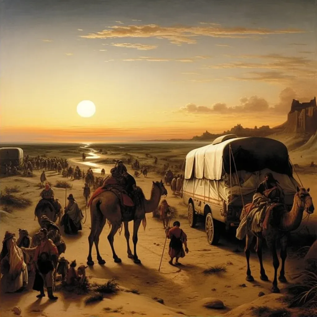 Nomadic tribe crossing hot desert with caravan of camels and setting sun - Image 2