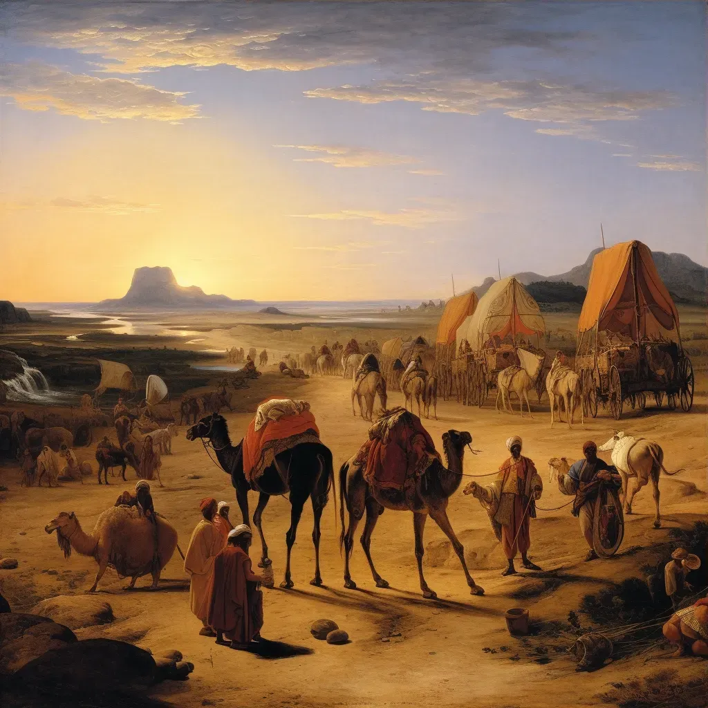 Nomadic Tribe Crossing Hot Desert with Camels