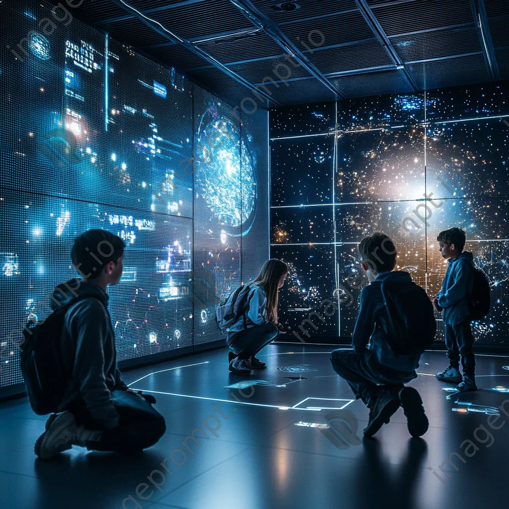 Futuristic educational space with interactive digital grids and students, photographed with a Fujifilm GFX 100S. - Image 1