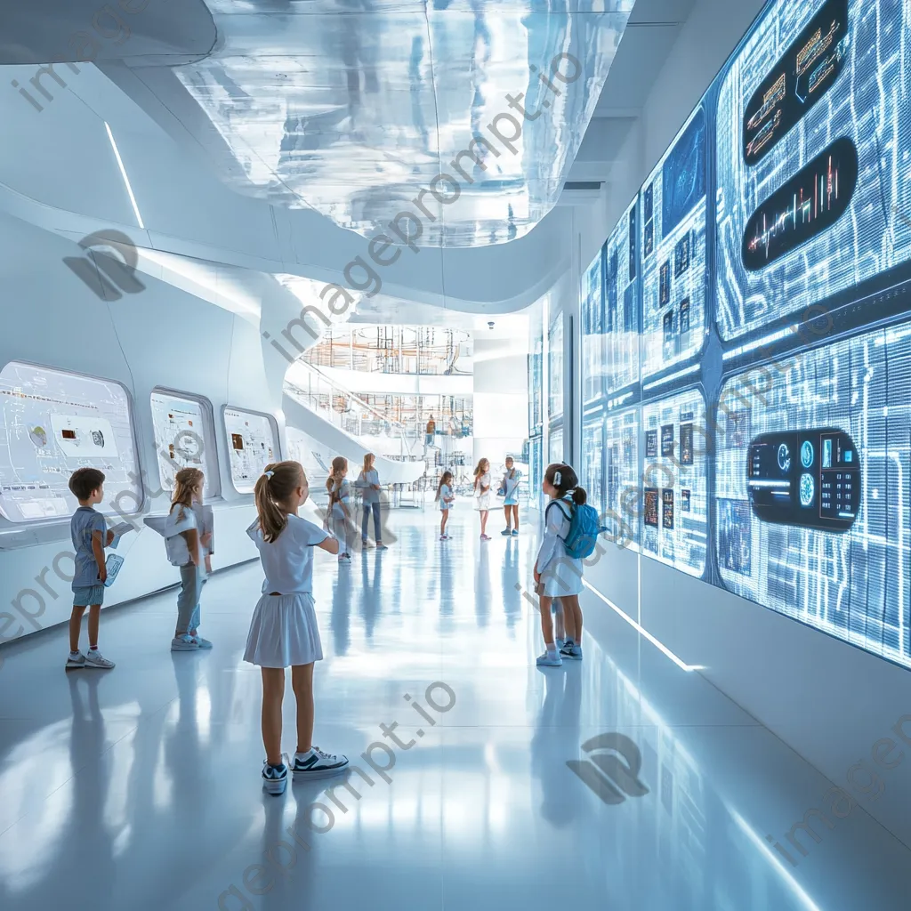 Futuristic educational space with interactive digital grids and students, photographed with a Fujifilm GFX 100S. - Image 2