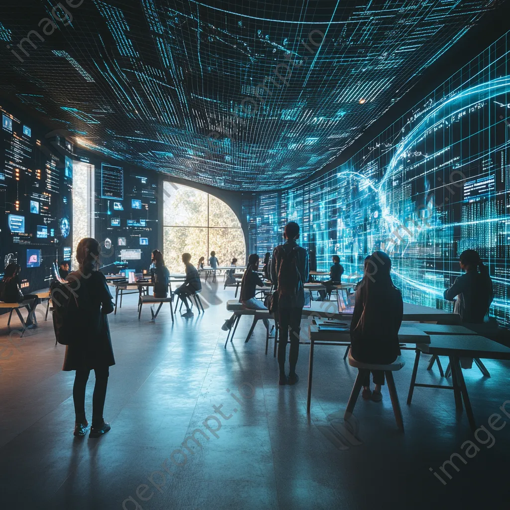 Futuristic educational space with interactive digital grids and students, photographed with a Fujifilm GFX 100S. - Image 3