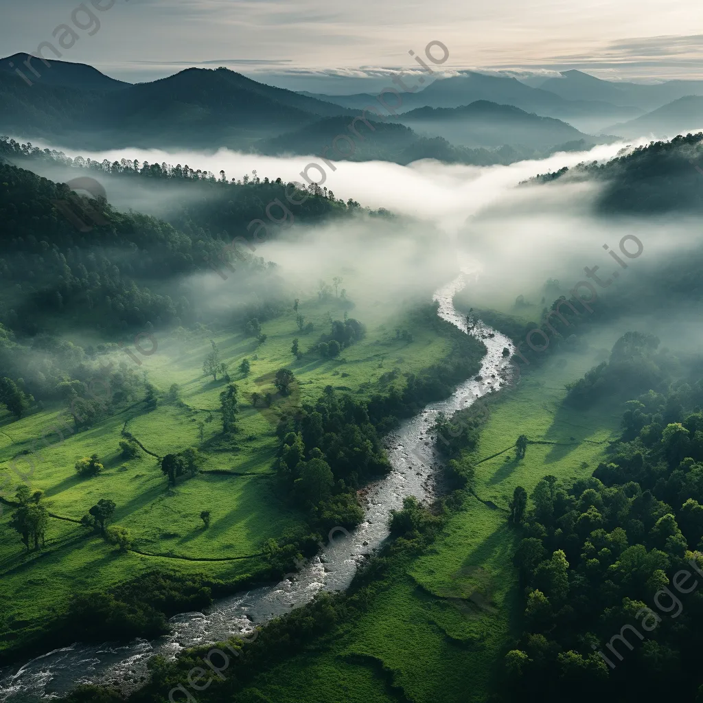 Aerial view of a fog-filled valley with forests and rivers - Image 2