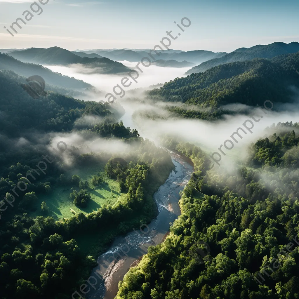 Aerial view of a fog-filled valley with forests and rivers - Image 3