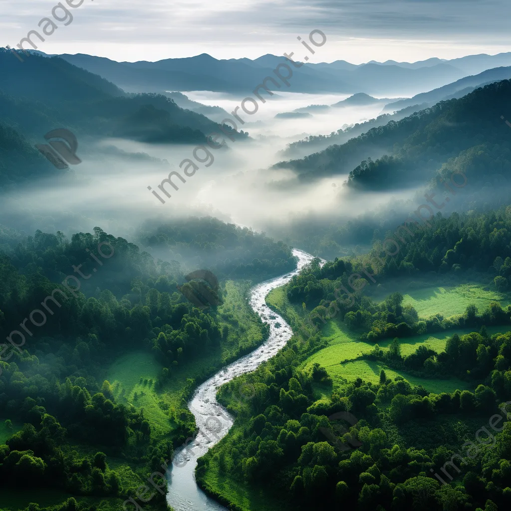 Aerial view of a fog-filled valley with forests and rivers - Image 4