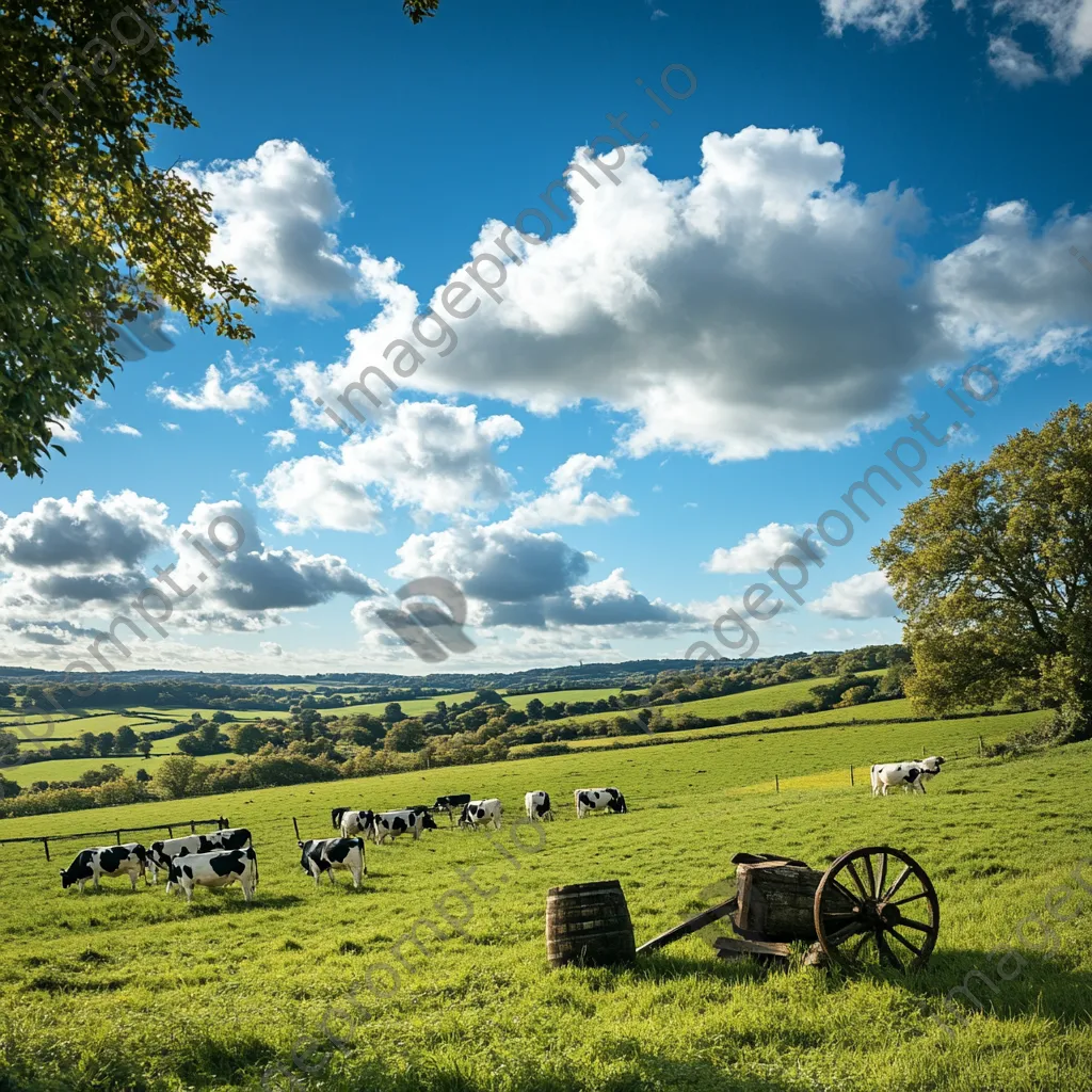 Traditional dairy farm landscape with cows and an old butter churn under a blue sky - Image 1