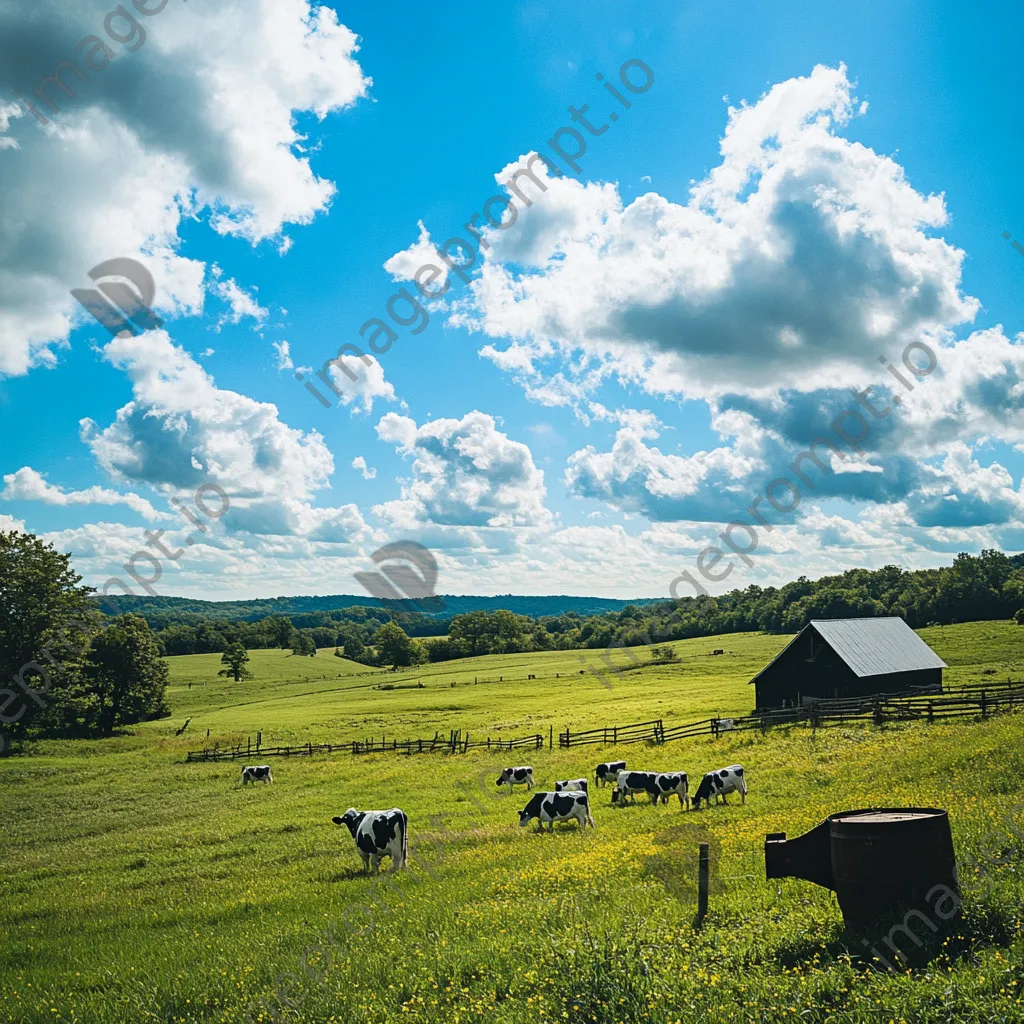 Traditional dairy farm landscape with cows and an old butter churn under a blue sky - Image 3