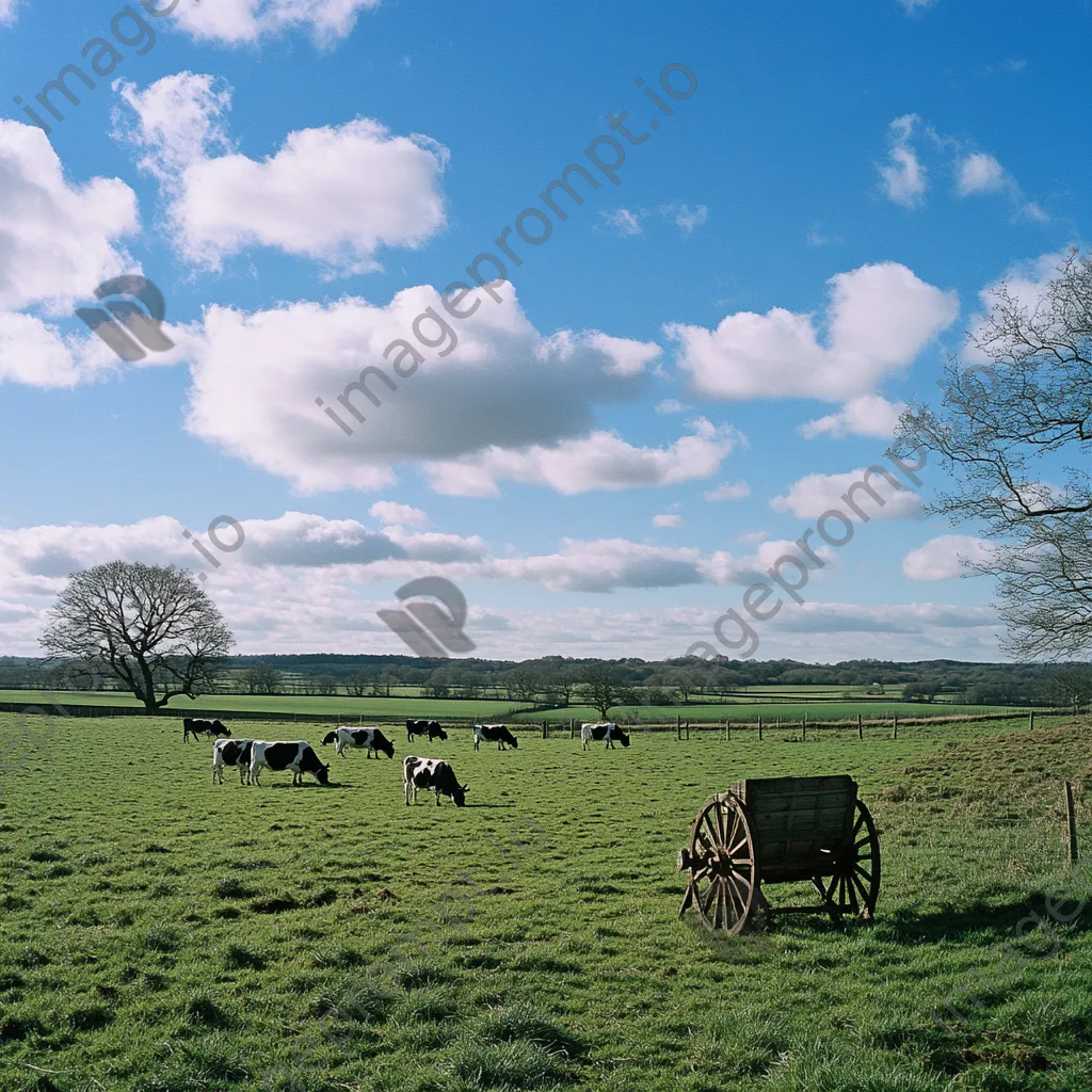 Traditional dairy farm landscape with cows and an old butter churn under a blue sky - Image 4