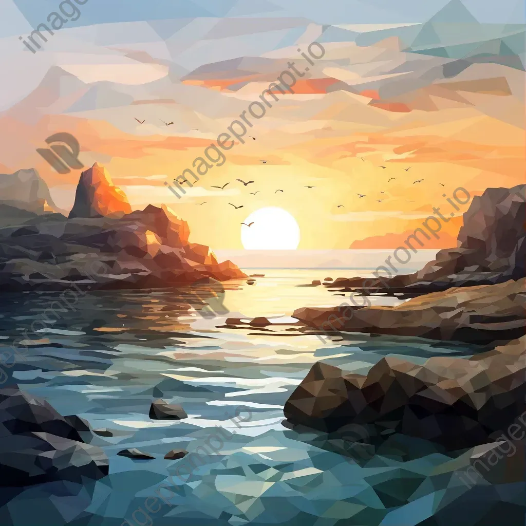 Low poly seaside sunrise with contrasting cool and warm colors - Image 1