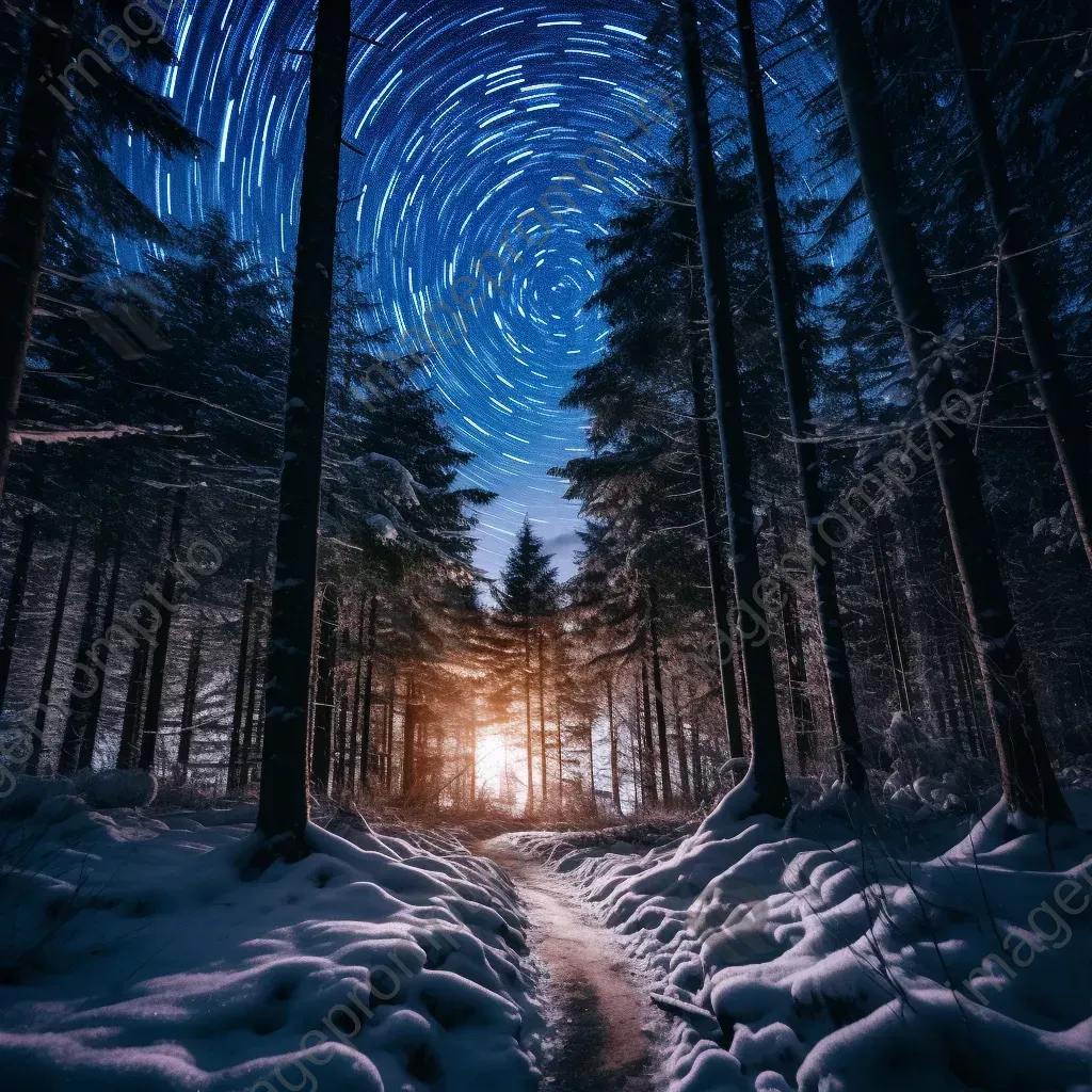 Glowing star trails above a snow-covered winter forest - Image 1