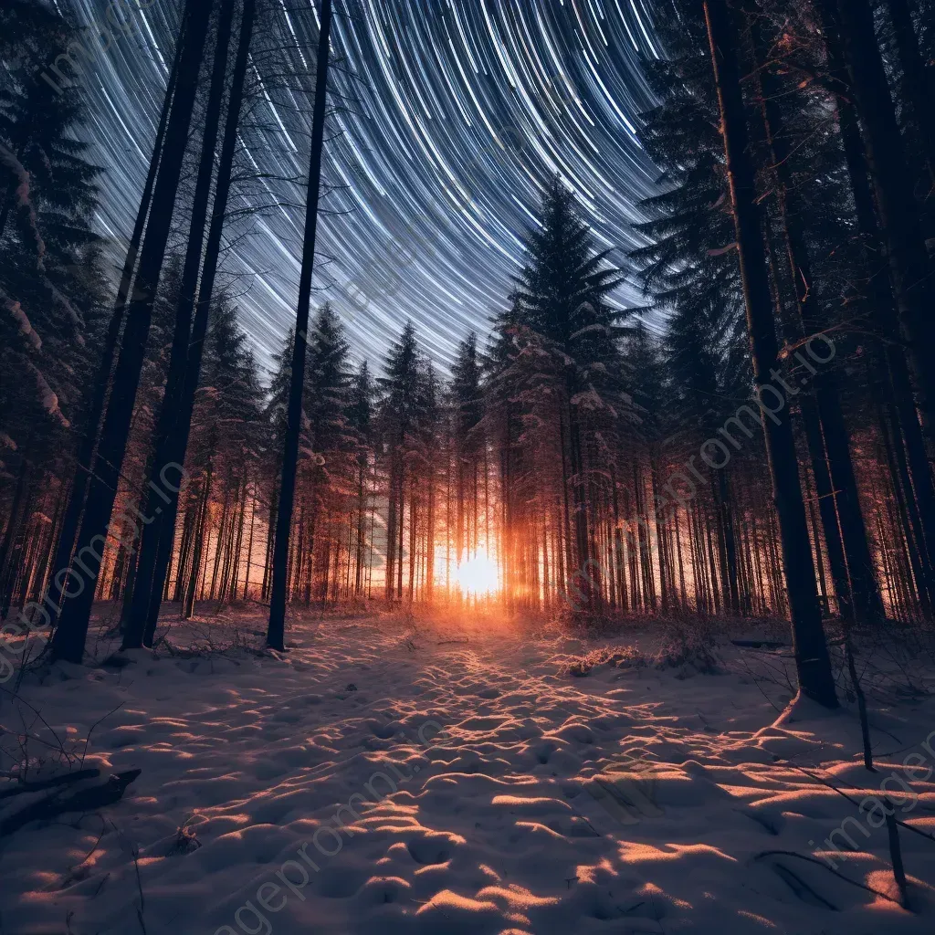 Glowing star trails above a snow-covered winter forest - Image 2