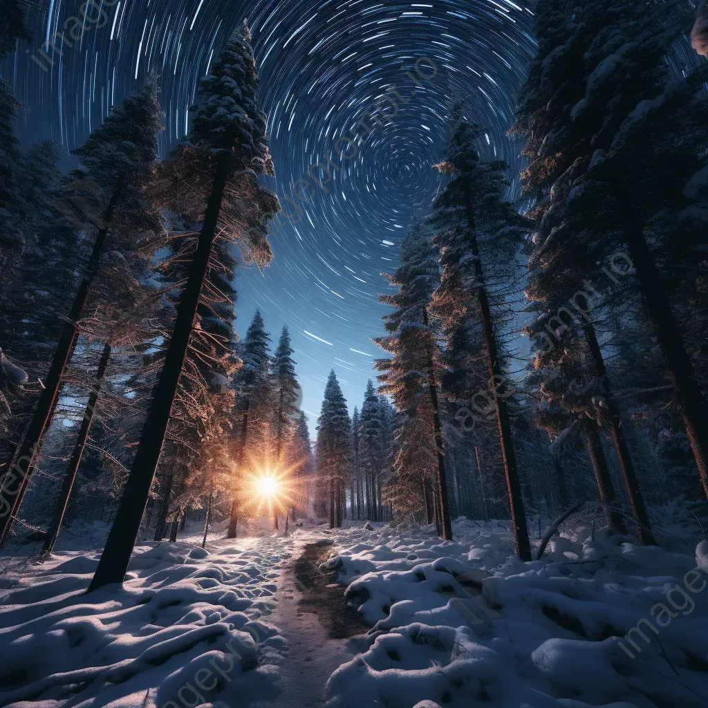 Glowing star trails above a snow-covered winter forest - Image 3